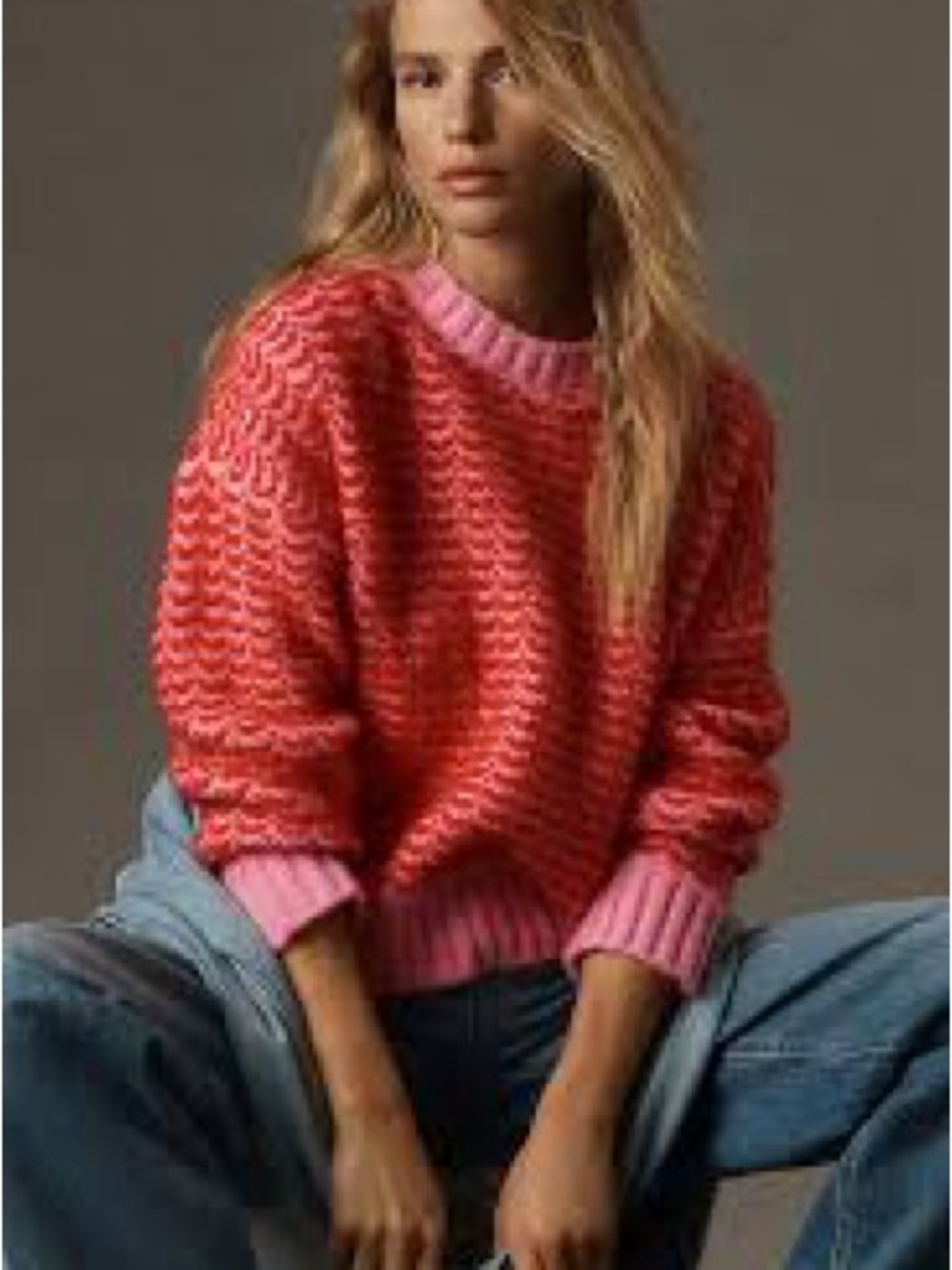 ANTHROPOLOGIE Lili Sidonio Pink Red Two-Tone Knit Sweater Womens Crewneck Small